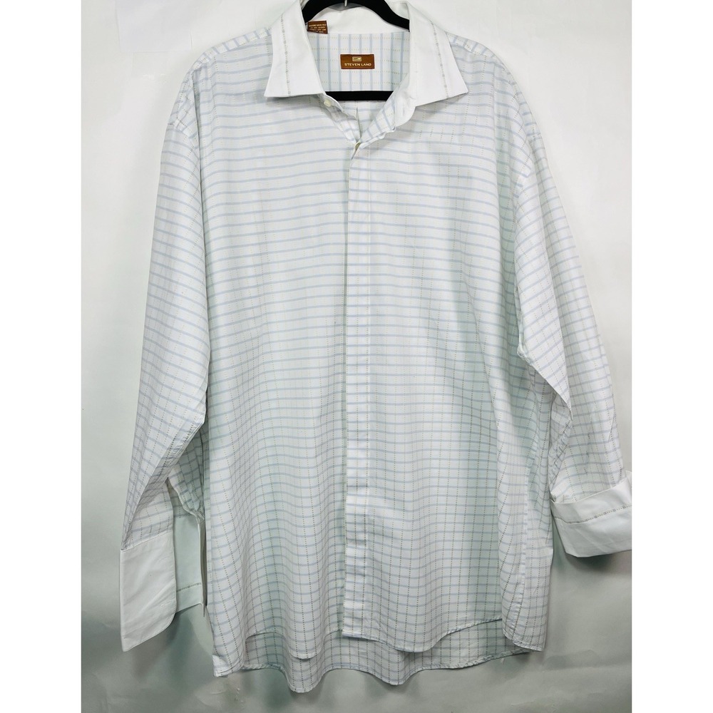 Steven Land‎ Dress Shirt Mens 19 Tall White Gold Detail Embroidered Flip Cuff